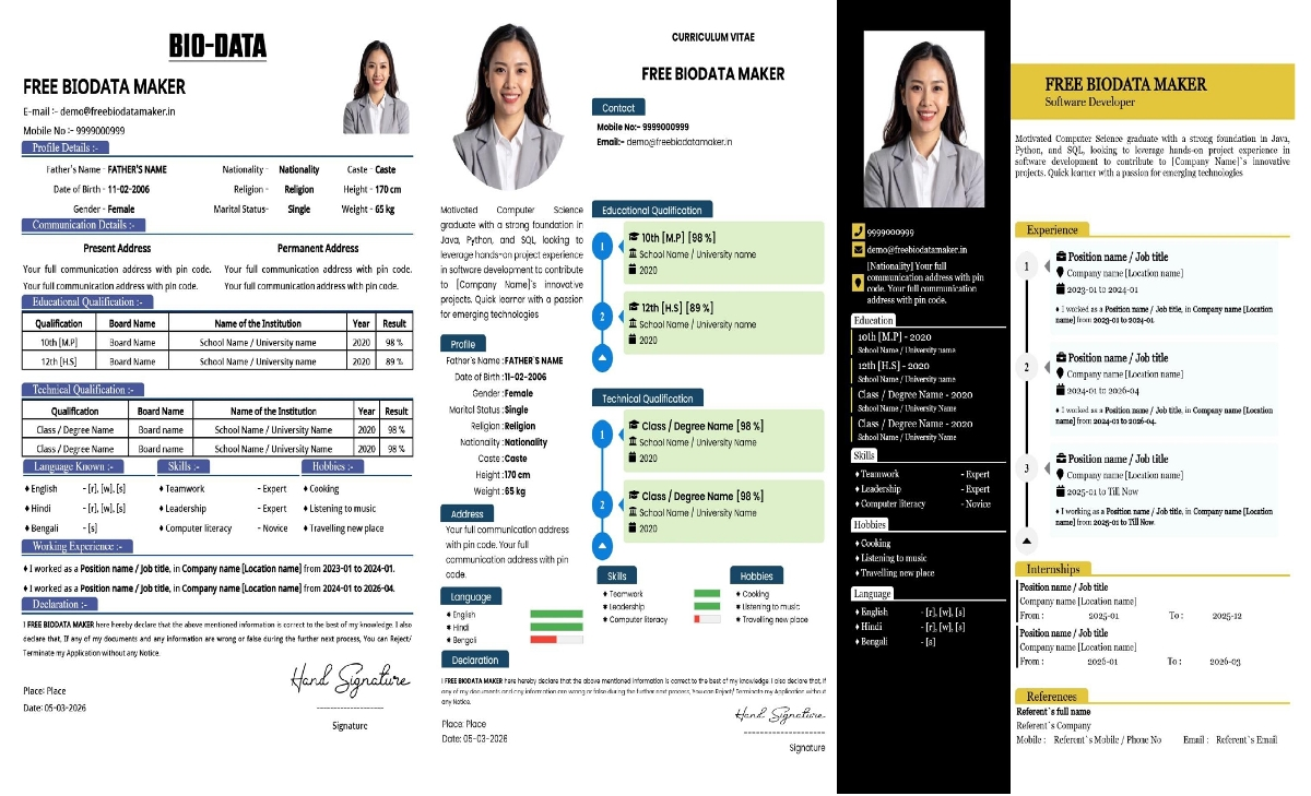 Free biodata maker online resume, CV and biodata templates preview