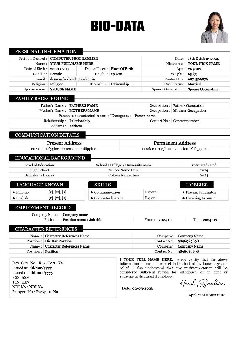 Biodata format Philippines sample template for job application
