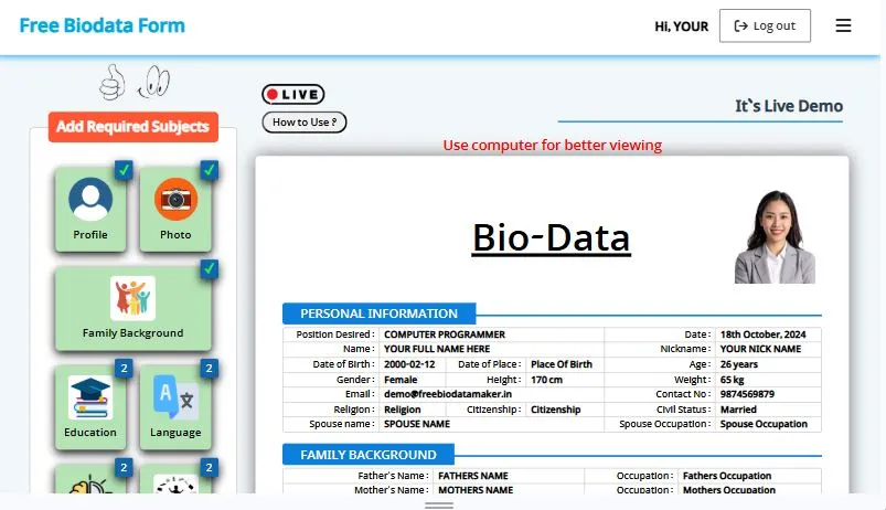 Free biodata maker Philippines online tool interface